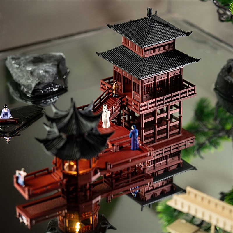 行云阁带灯凉亭带灯造景小摆件假山奇石水陆缸鱼缸庭院古建筑模型