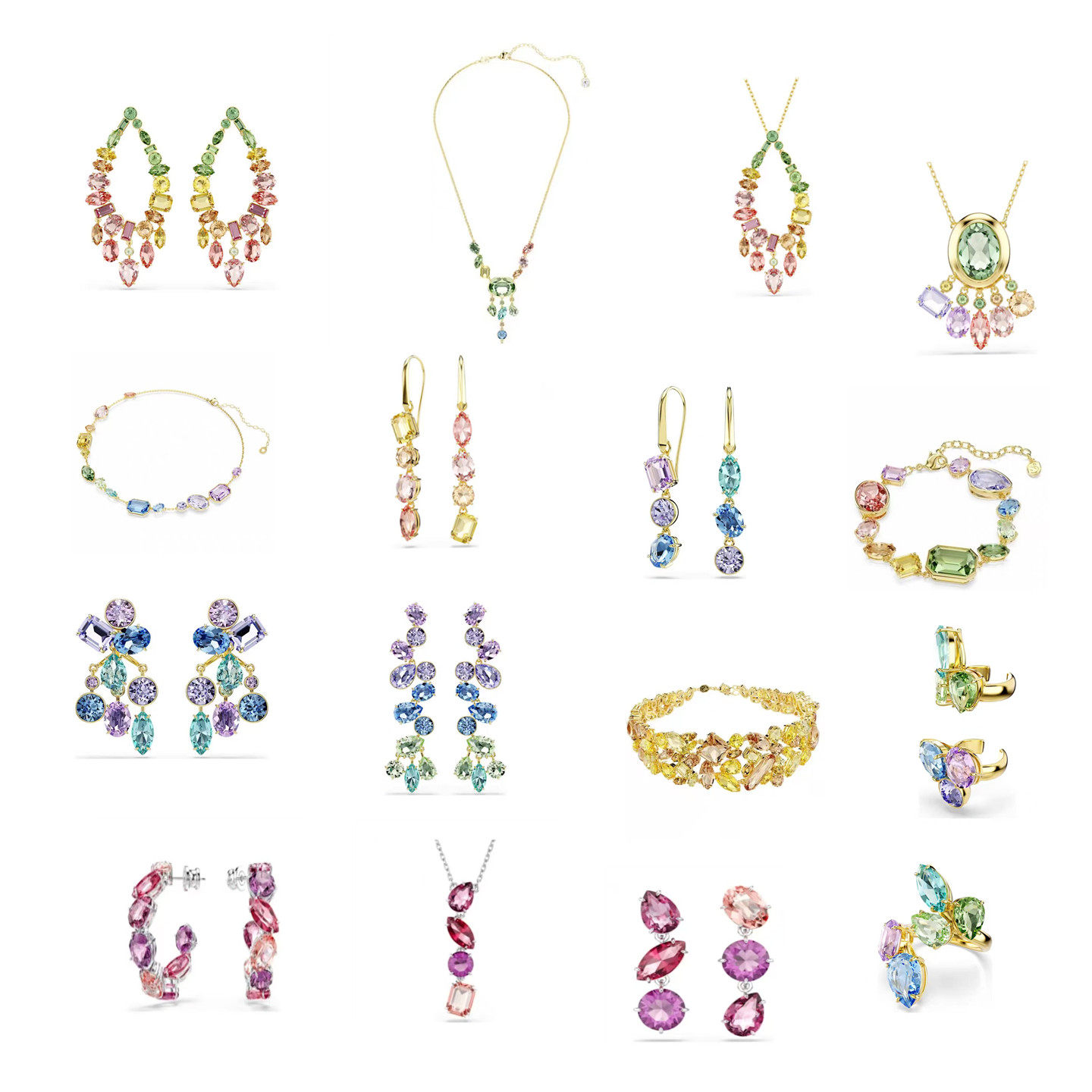 彩色水晶项链耳环套装女合金多色吊坠耳环手链三件套