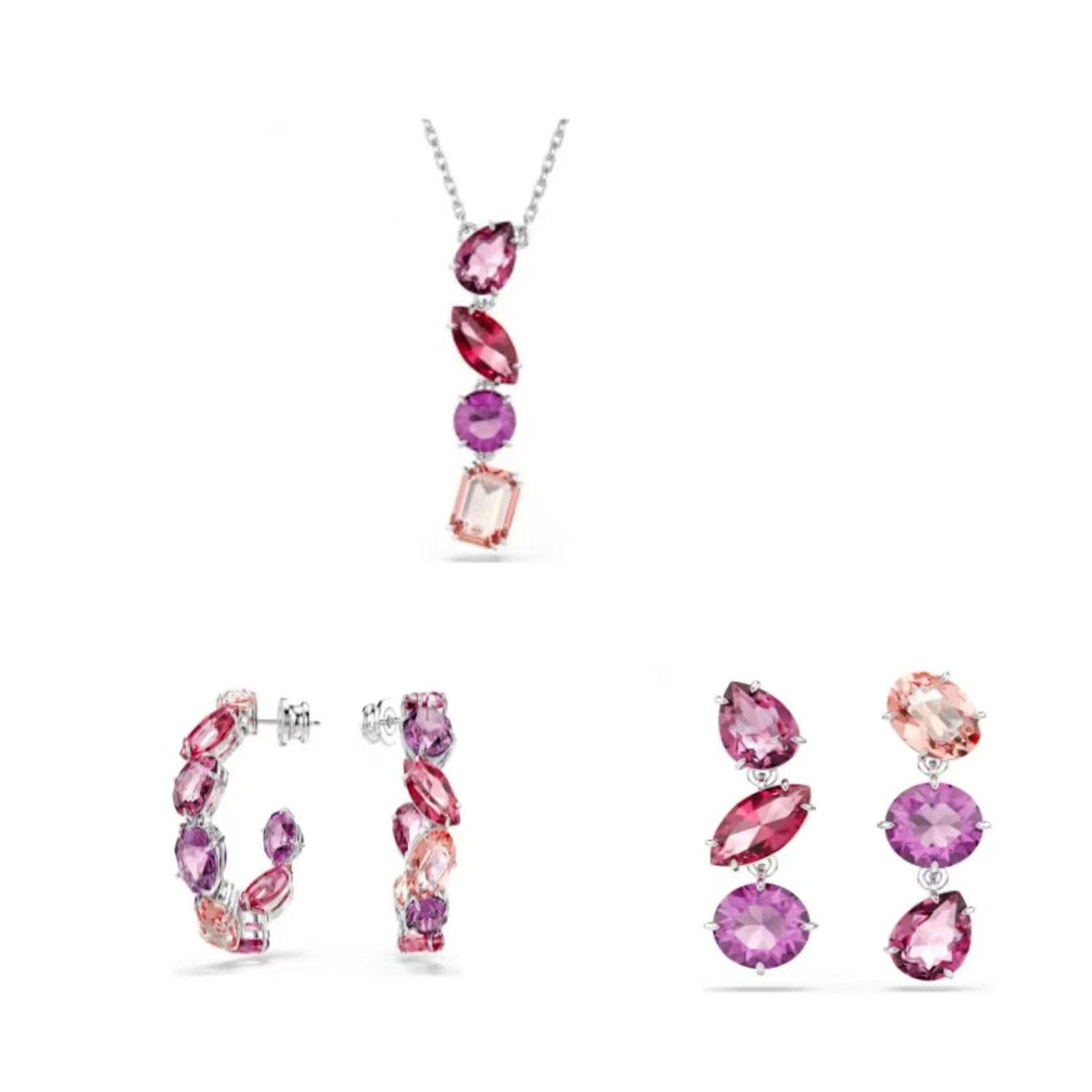 彩色水晶镶钻项链耳环套装女士时尚多件套粉色紫色