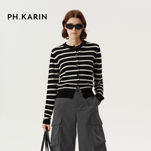 【经典重绎】PH KARIN复古黑白条纹针织开衫女2025春新款毛衣外套