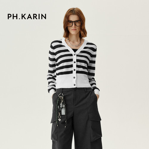 【意趣自然】PH KARIN复古条纹薄款针织开衫女春新款时尚百搭上衣