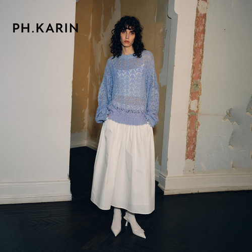 PH KARIN设计感马海毛时髦蓝紫色镂空针织衫慵懒罩衫女通勤