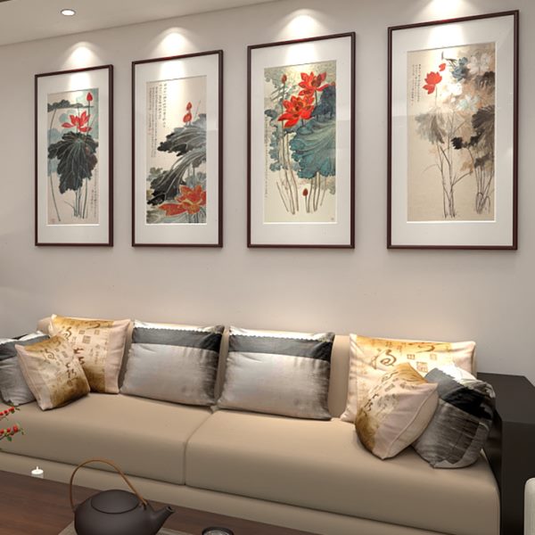 张大千荷花装饰画水墨画客厅挂画走廊玄关竖版新中式国画餐厅壁画