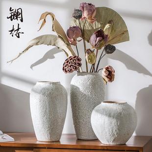 客厅现代简约家居复古粗陶花器干花摆件陶罐装 白色陶瓷花瓶新款 饰