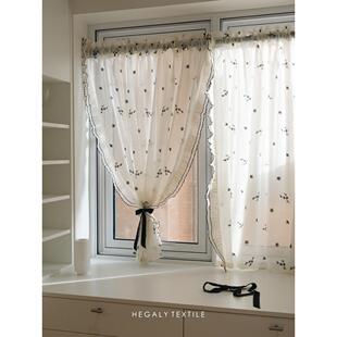 HEGALY月光茶叙法式覆古绣花窗帘纱帘透光浪漫中古黑边淡米色半帘