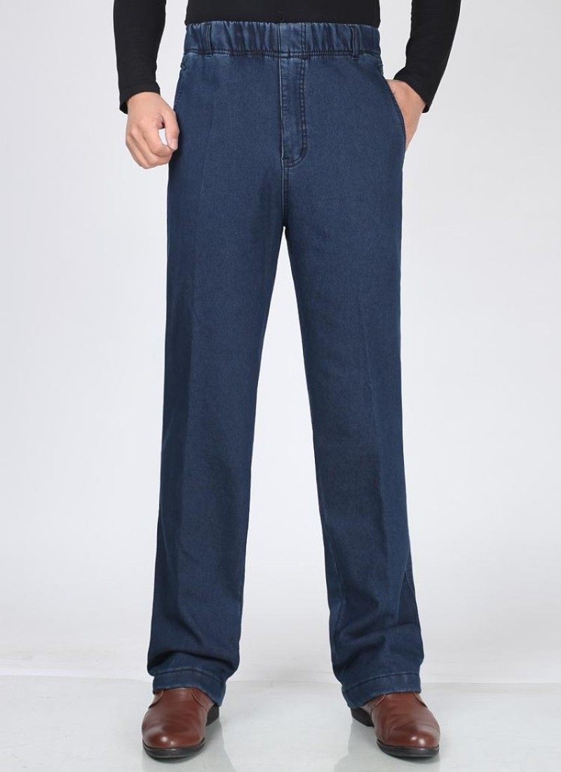 秋冬款宽松高腰中老年男裤子松紧腰直筒加绒牛仔裤休闲加肥加大码