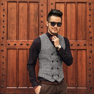 秋冬英伦复古加大码修身西装 马甲 男款人字呢双排扣型男毛呢马夹
