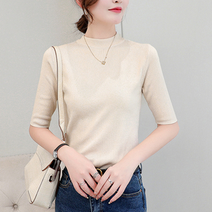 半高领中袖 洋气上衣打底衫 针织衫 修身 女士黑色毛衣五分袖 春秋新款