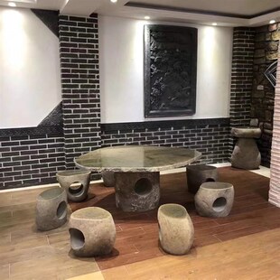 石桌石凳庭院花园天然鹅卵石家用室内石台青石茶桌户外摆件别墅