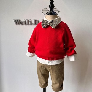 男童套装针织毛衣 儿童红色毛衣线衫细毛线学院风纯棉红色套装