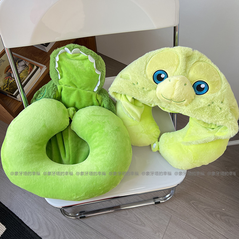 可爱卡通U型枕护颈枕绿恐龙乌龟连帽U枕旅行可携式午睡靠枕颈枕礼
