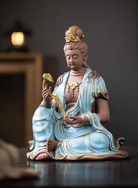 炼器新中式禅意文殊普贤菩萨摆件家用客厅玄关陶瓷观音工艺品装饰
