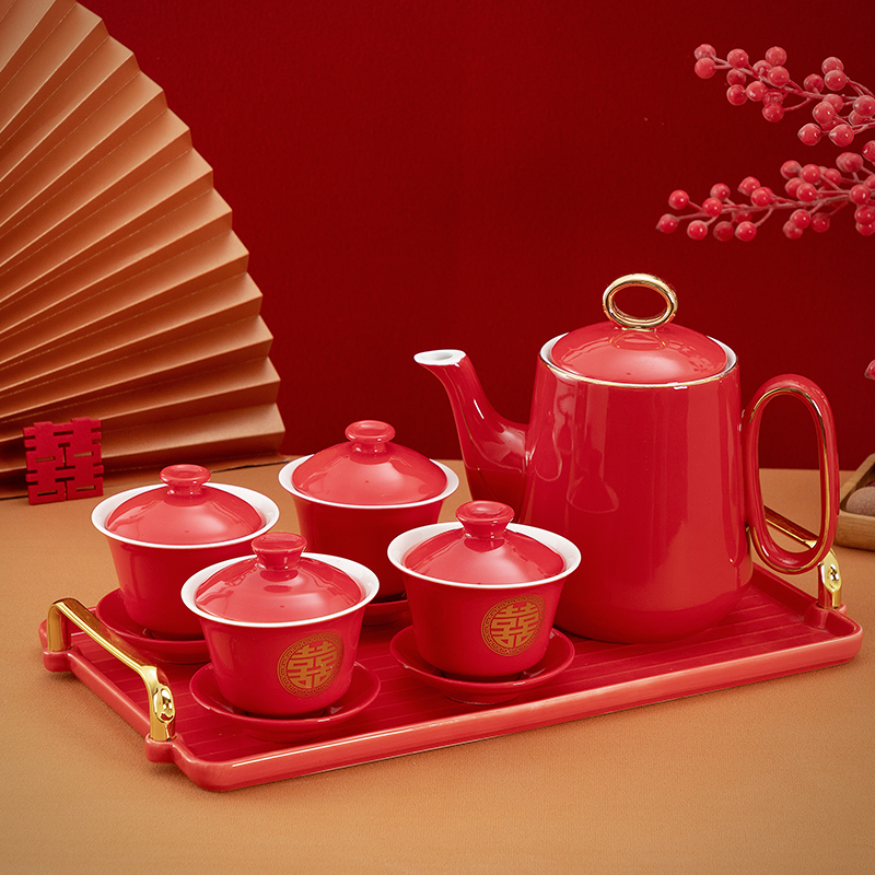 结婚敬茶杯改口杯红色陶瓷盖杯对杯茶具套组家用陪嫁婚庆送礼用品