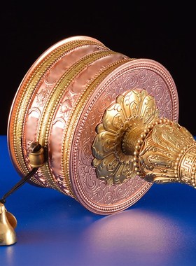 西藏家用红铜黄铜手摇转轮底座雕刻八吉祥大小号转筒双轴承摆件