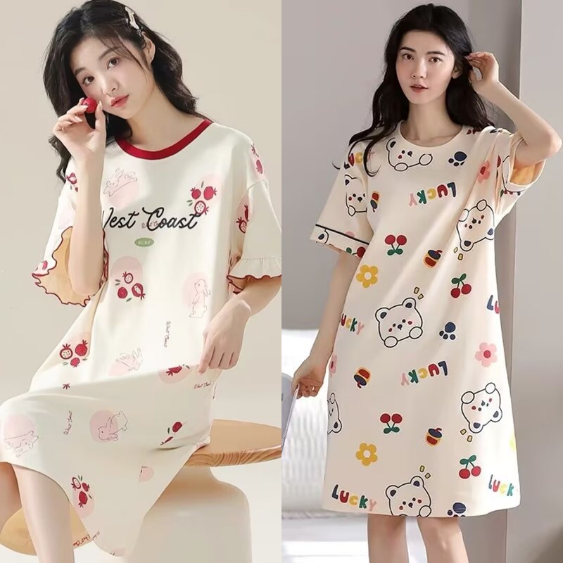 买一送一新款睡裙女夏季纯棉短袖薄款甜美宽松学生夏天睡衣连衣裙