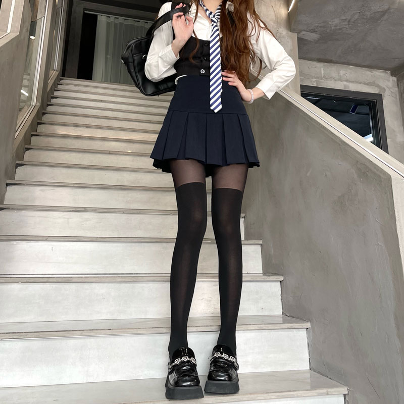 性感黑丝拼接连裤袜女jk中筒显瘦春夏薄丝假透肉光腿假两件打底裤