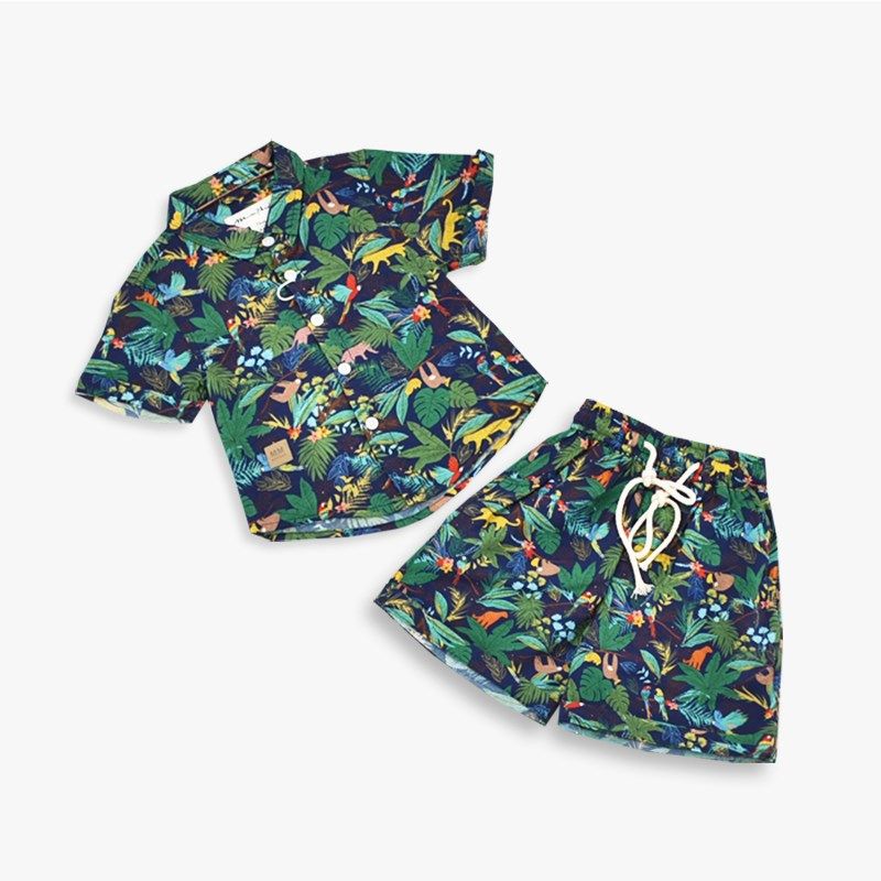 2025海边沙滩风花衬衫夏季亲子套装短裤夏威夷休闲男女童外套翻领