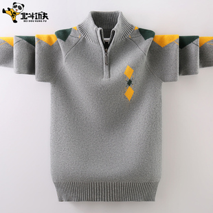 男童毛衣套头拉链半高立领儿童秋冬款加绒加厚中大童纯棉针织衫潮