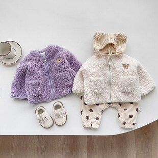 女宝宝冬装加绒外套洋气男童加厚羊羔毛棉服婴儿保暖百搭毛毛衣服