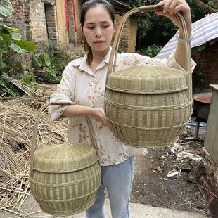 竹编制品 篮子大号拜神手提篮双层竹筐带盖复古收纳手工编织老式