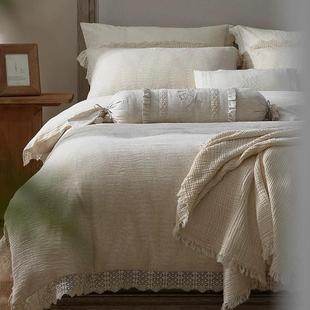 棉麻复古法式 花边亲肤提花三层纱床单被套四件套床笠三件套