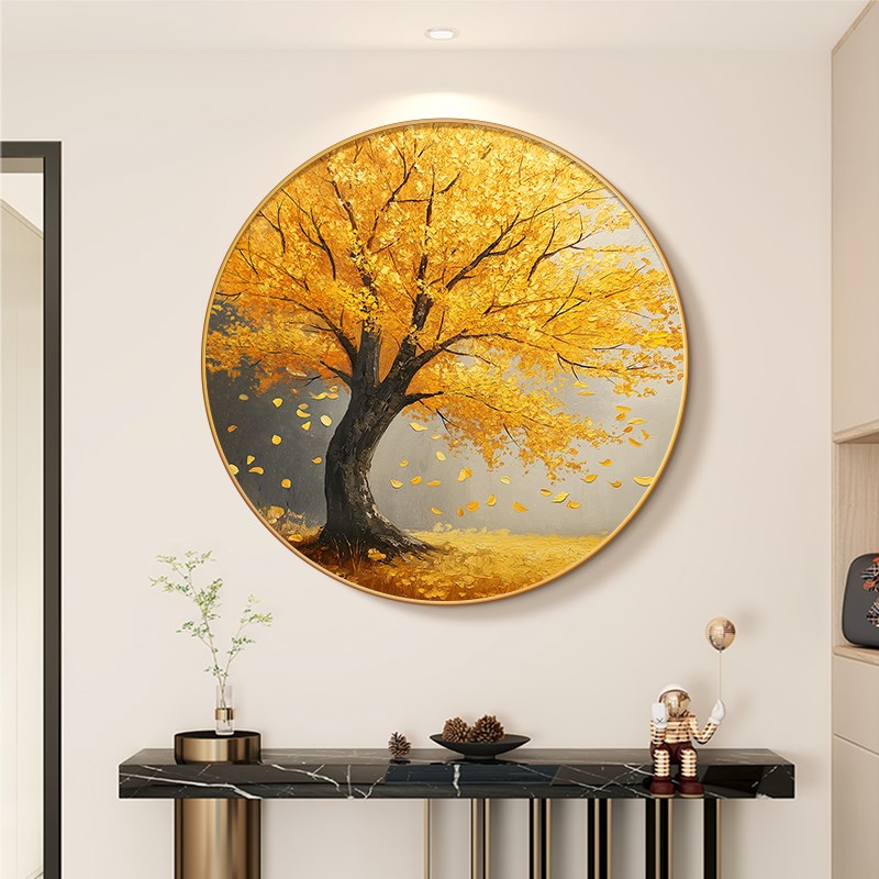 新款发财a树圆形装饰画客厅玄关金色摇钱树挂画招财旺运入户门壁图片