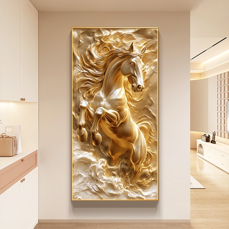 骏马图走廊尽头挂画现代简约马y到成功入户玄关装饰画立体浮雕壁图片