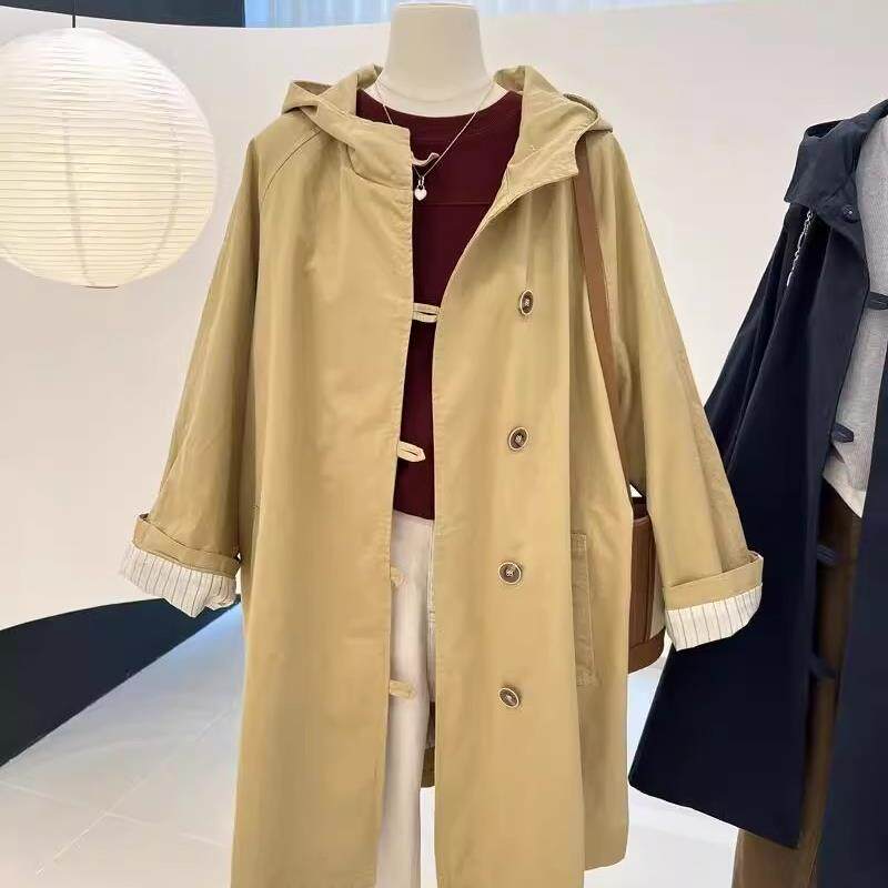 好货藏青色连帽风衣外套女春秋大码宽松工装复古胖mm300斤中长款