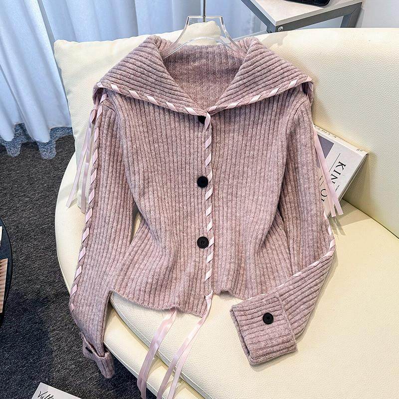 好货设计感飘带大翻领针织开衫女秋季大码胖mm慵懒风宽松短款毛衣