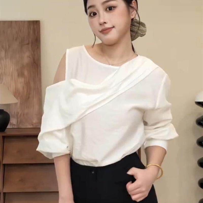 好货白色长袖衬衫女高级感轻奢减龄洋气露肩小衫2025新款秋季法式