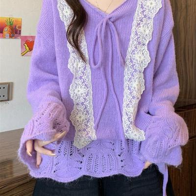 好货巨好看蕾丝边V领系带