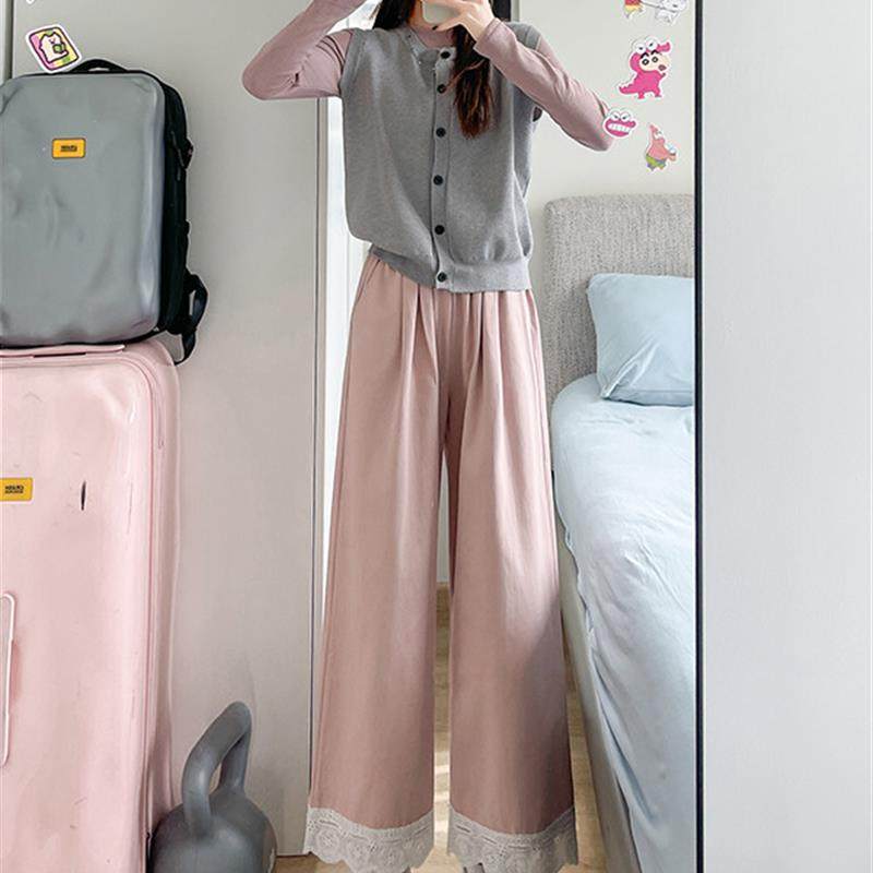 好货蕾丝花边阔腿裤女秋季高腰显瘦小个子松紧腰宽松直筒九分休闲