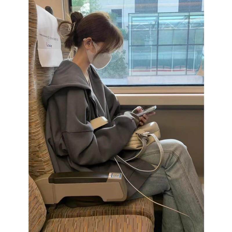 好货连帽卫衣外套女款早秋2025新款深灰色开衫高级感宽松美式复古