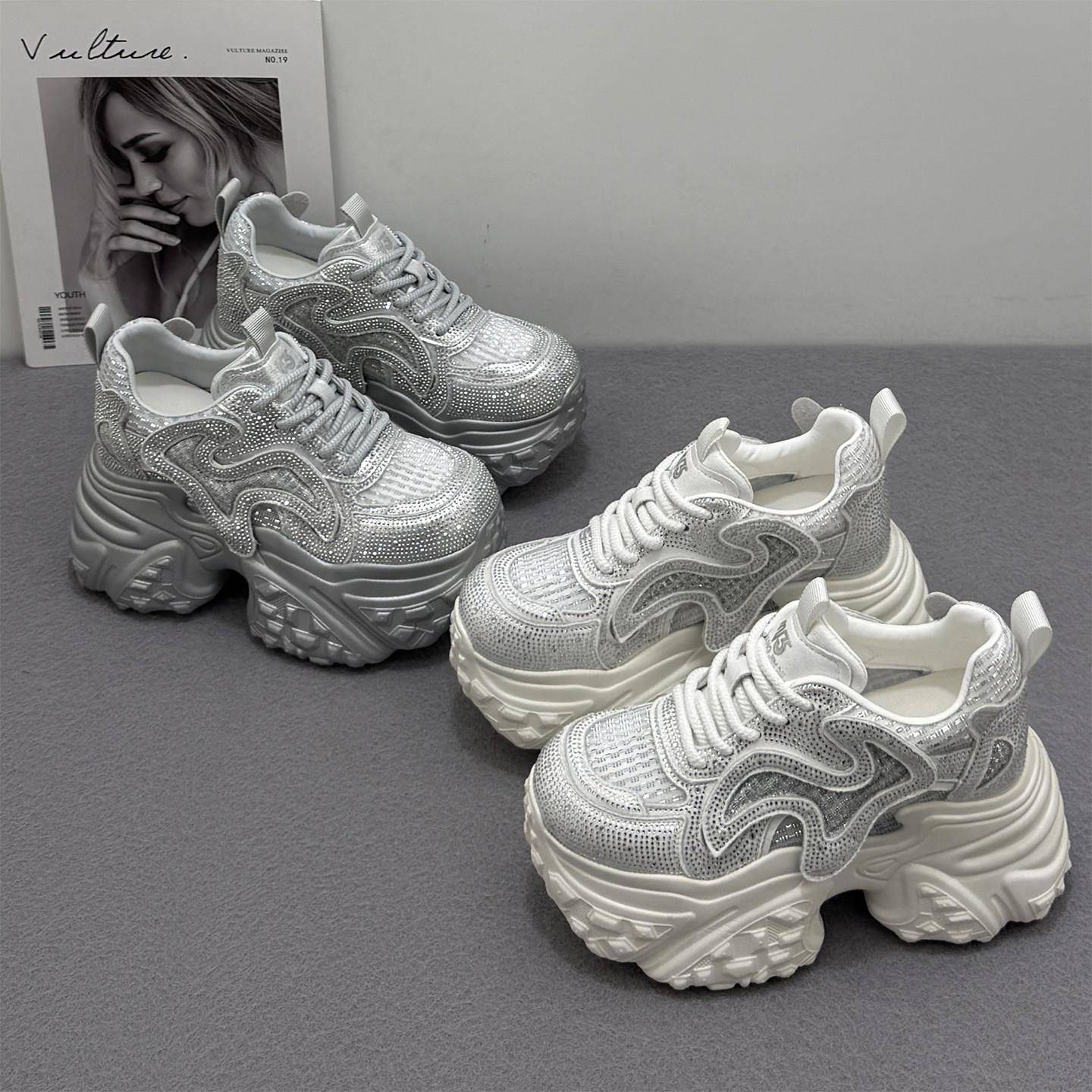 新品厚底增高9CM水钻老爹鞋女新款小个子休闲松糕百搭网面透气小