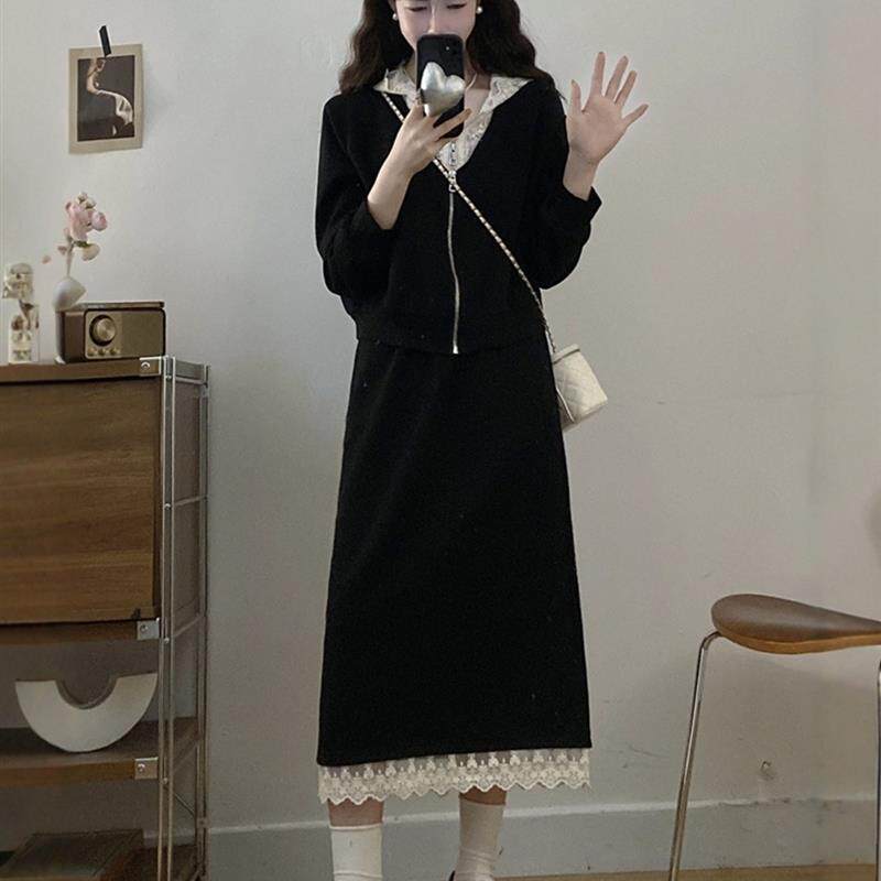 极速春秋搭配一整套女大码胖mm时尚高级蕾丝拼接卫衣上衣半身裙两