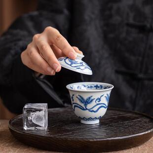 容观造物百合花盖碗青花手绘迷你岩茶盖碗80ml