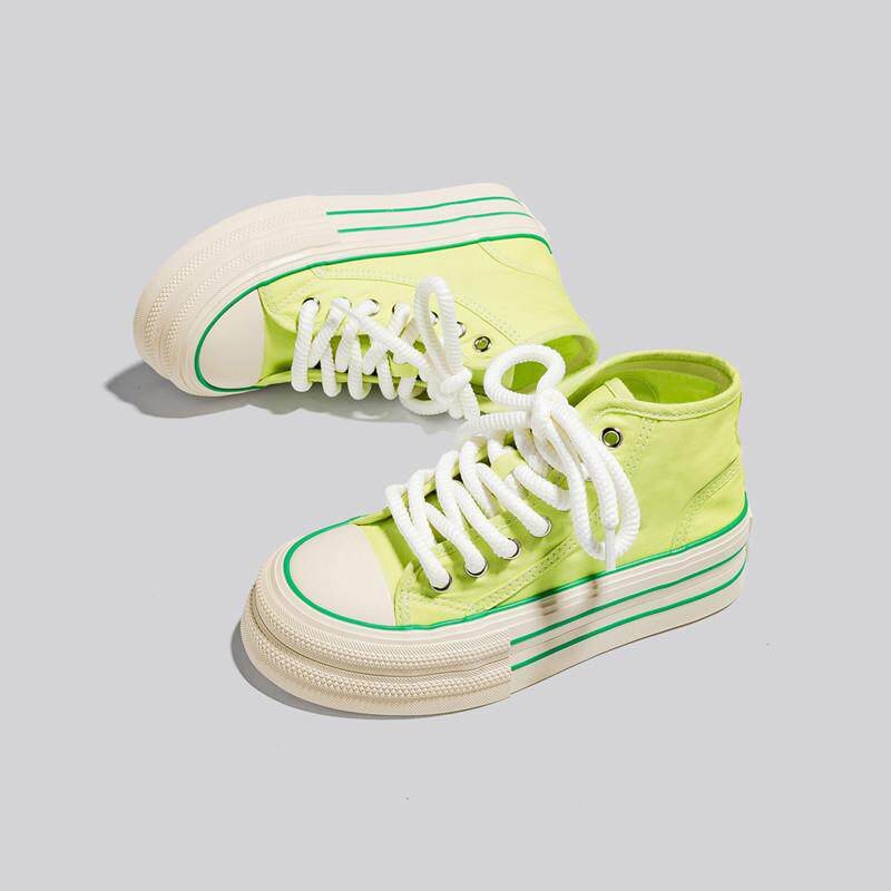 好货2026夏季新款厚底绿色透气高帮帆布鞋女款百搭休闲鞋板鞋小白