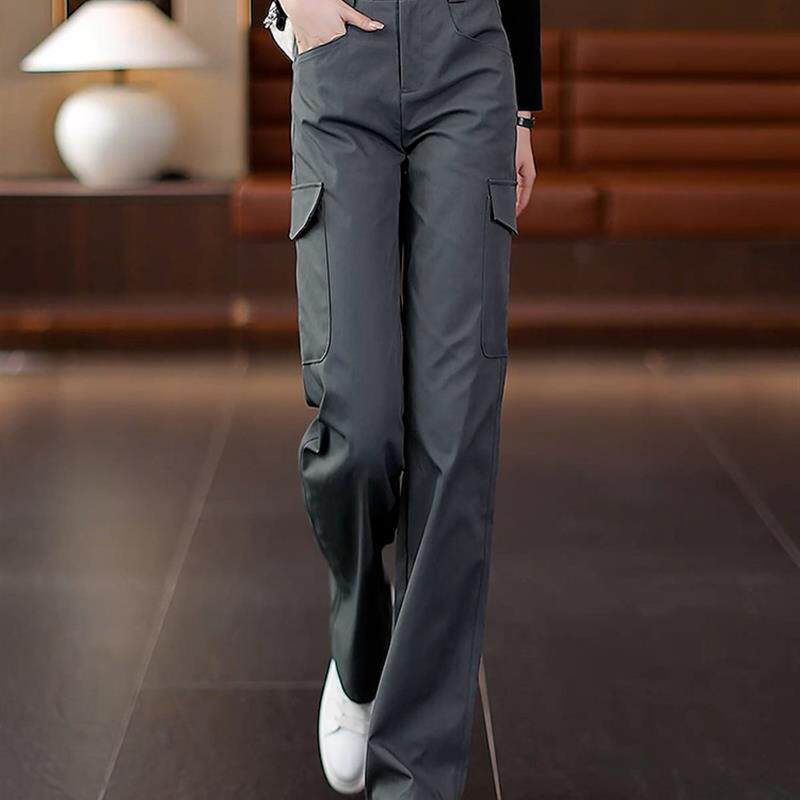 好货灰色美式工装裤女款高腰显瘦直筒裤子女2025春秋窄版阔腿休闲