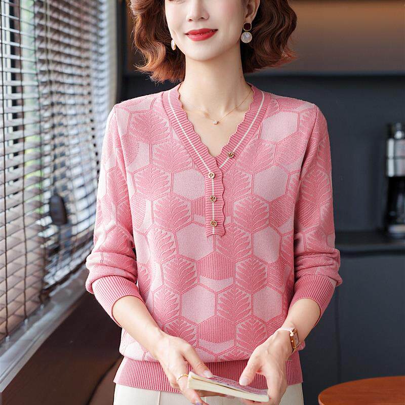 好货妈妈秋装新款V领气质针织衫中老年女装春款长袖宽松打底上衣