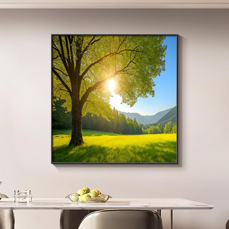 大树挂画餐厅背景墙装饰画正方形客厅风景画现代简约绿植玄关壁画图片
