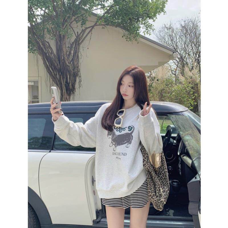 好货灰色卫衣女秋季2025新款韩系慵懒风宽松显瘦狗狗印花圆领长袖