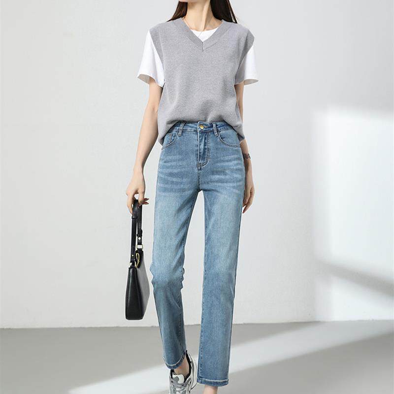 好货米白色直筒牛仔裤女春秋薄款2025新款修身小个子九分窄版阔腿