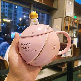 ins风可爱卡通星球陶瓷杯马克杯清新带盖学生办公室早餐咖啡水杯