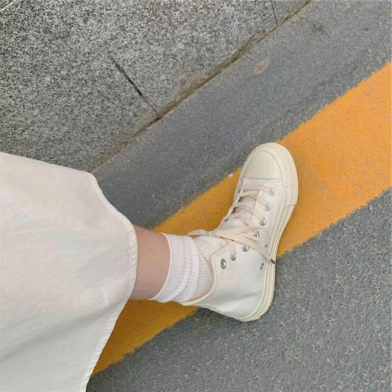 好货夏季全白高帮帆布鞋女