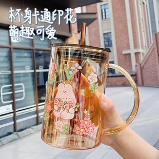 玻璃杯1000ml大容量网红可爱兔兔吸管水杯带盖家用办公室泡茶杯子