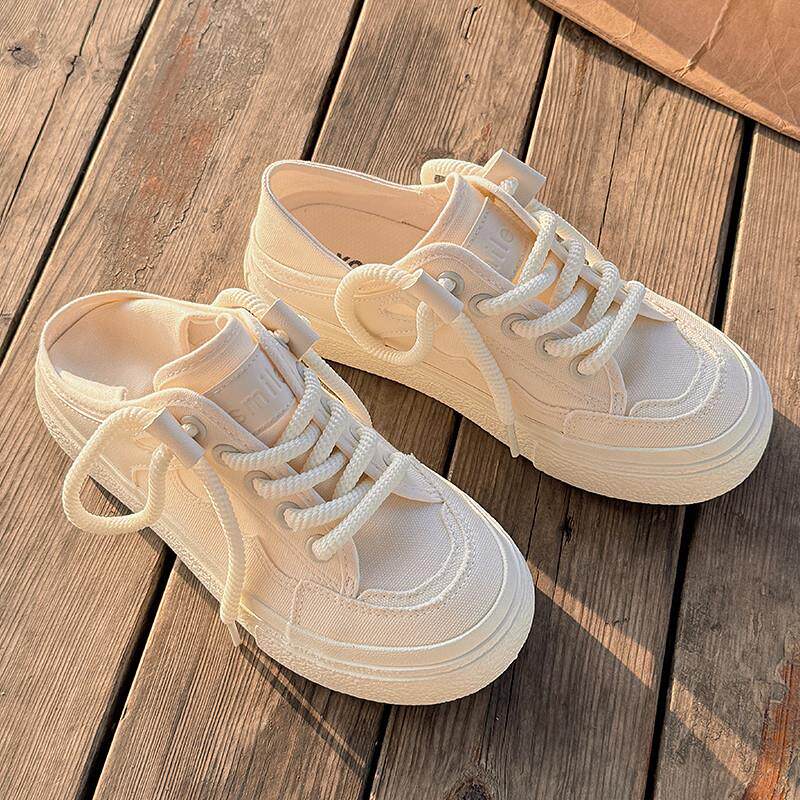 好货小白鞋女半拖夏季配裙子鞋子夏季透气薄款帆布鞋休闲一脚蹬懒