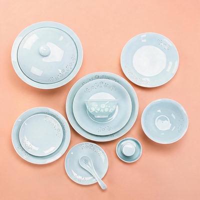 景德镇影青蒲公英玲珑碗盘餐具