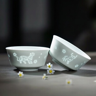 景德镇12生肖玲珑瓷碗高温瓷青釉家用米饭碗釉下彩陶瓷碗个人专用