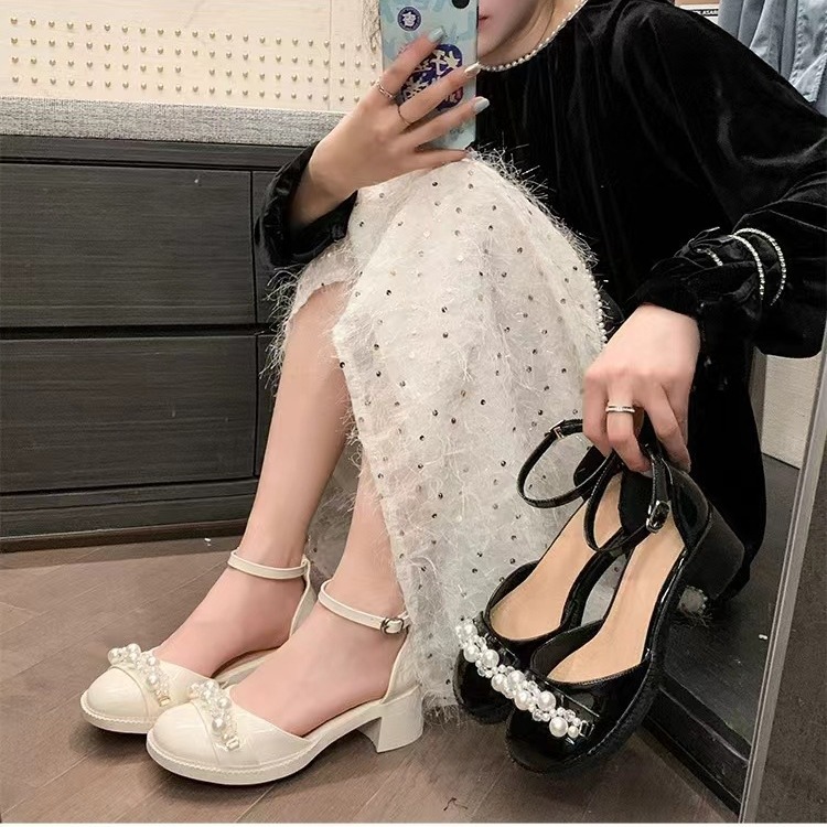 绝美高跟5CM粗跟水钻珍珠女鞋一字带圆头单鞋玛丽珍中空包头凉鞋