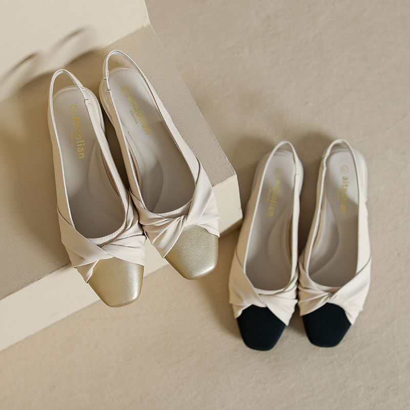 绝美高跟2厘米平底黑杏拼色淑女夏季圆头单鞋玛丽珍后空包头凉鞋